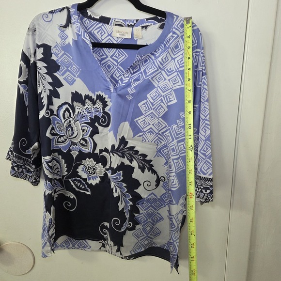 Chico's 0 Blue Mixed Print Tunic Blouse Womens Small Kimono - Picture 4 of 6